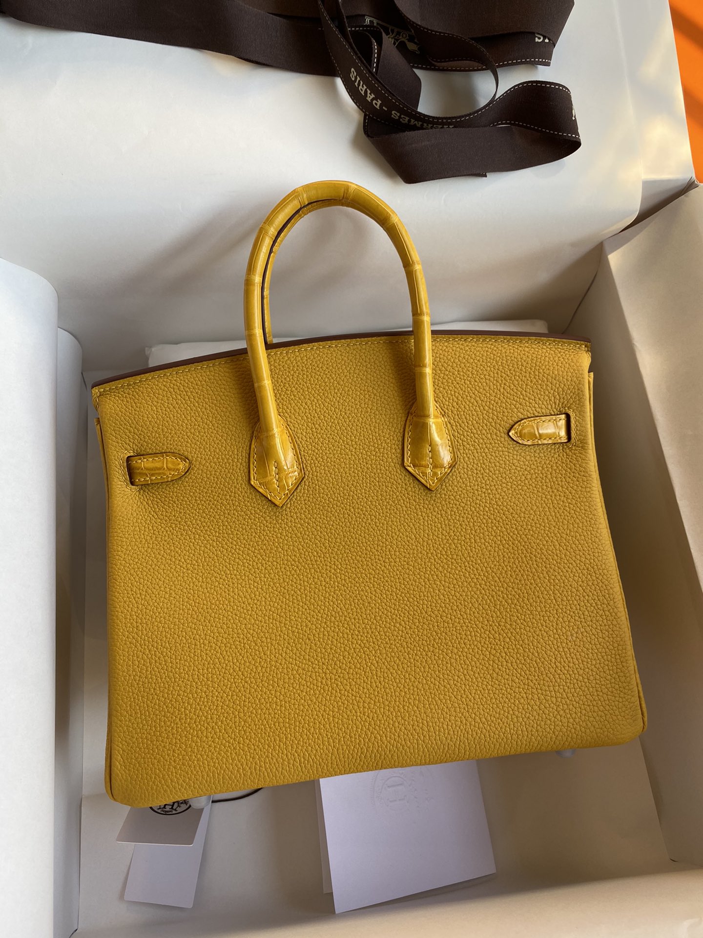 Hermes Touch Birkin 25CM Bag In Abricot Togo and Shiny Niloticus Crocodile Skin